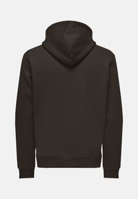 Donkerbruine hoodie van een gladde, gestructureerde stof. Voorzien van een grote capuchon, lange mouwen en geribbelde manchetten en zoom. Eenvoudig ontwerp, geen graphics.