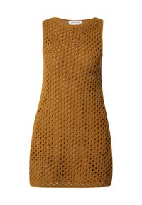 Ärmelloses Stricktop in senfgelb, das ein strukturiertes, durchbrochenes Design aufweist. Gerade Silhouette mit Rundhalsausschnitt. Weiches Material.