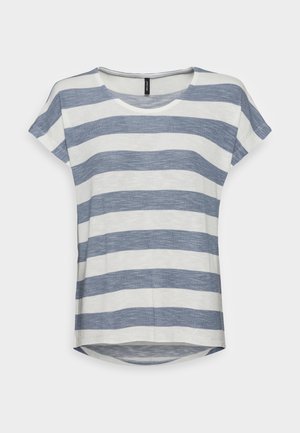 Striped short-sleeve T-shirt in light blue and white. Soft fabric with a rounded neckline and a slightly longer back hem.