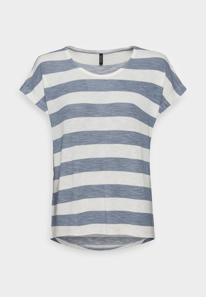 T-shirt às riscas de mangas curtas em azul claro e branco. Tecido macio com decote arredondado e a bainha nas costas ligeiramente mais longa.