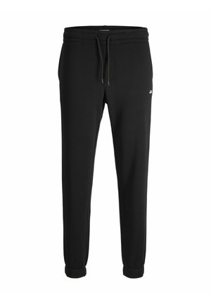 Pantalon de jogging noir avec poignets élastiques, taille à cordon, poches latérales et petit logo blanc sur la cuisse, présenté sur fond blanc.
