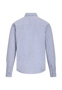 Lyseblå skjorte med lange ermer og knappestolpe, laget av et teksturert stoff. Har knappede mansjetter og rett ryggdesign.