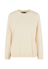 Maglione color crema con collo rotondo, orlo e polsini a costine, realizzato in tessuto morbido con una texture liscia, caratterizzato da una vestibilità rilassata.