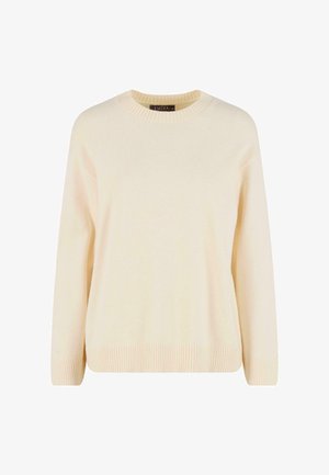 Valkoinen villapaita pyöreällä kauluksella, resorimaisilla helmalla ja hihoilla, valmistettu pehmeästä kankaasta, jossa on sileä pinta, ja joka on rentoa mallia.