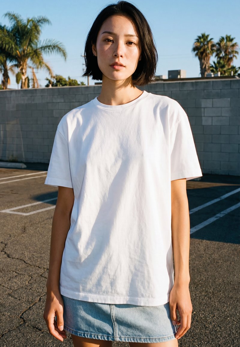 Jeune femme aux cheveux noirs courts portant un t-shirt blanc et une jupe en denim, se tenant dans un parking ensoleillé avec des palmiers.