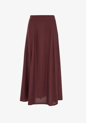 Hosszú, egyenes szabású szoknya egyszínű mély bordó színben, sima textúrával és testhez simuló derékrésszel, bokáig érő hosszban.