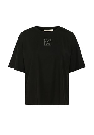 Tricou scurt, negru, din bumbac, cu un logo pătrat din strasuri albe pe partea din față, cu tăietură relaxată și guler rotund.