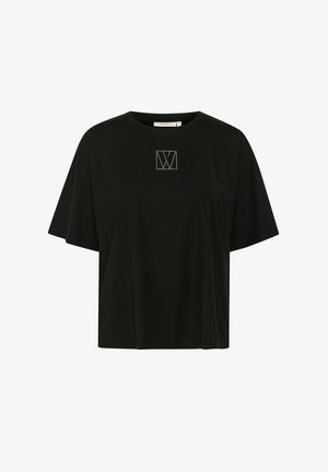 Melns īsām piedurknēm t-krekls no kokvilnas ar kvadrātveida logo baltām rhinestone pērlītēm priekšpusē, vaļīga piegriezuma un apaļas izgriezuma.