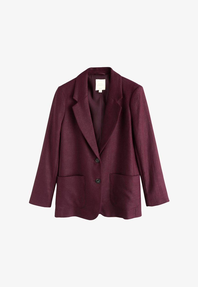 Blazer en lin violet foncé avec deux poches avant, deux boutons noirs, revers crantés et manches longues, présenté sur fond blanc.