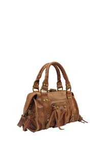 Sac à main en cuir marron avec poignées tressées, accessoires en métal doré décoratifs, poche avant zippée et détails froncés sur les côtés.