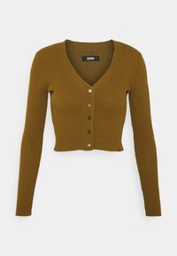 Olivgrön ribbad kort cardigan med V-ringning och fem metallknappar framtill. Långa ärmar och textil med struktur.