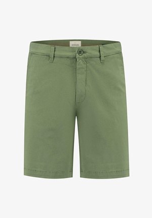 Grønne shorts lavet af glat stof, med knaplukning, bæltestropper og en klassisk snit med en kant lige over knæet.