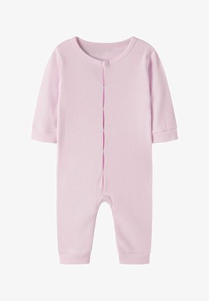 Világos rózsaszín bordázott baba body hosszú ujjakkal, elöl patentos, csuklónál és bokánál mandzsettás, laposan lefektetve.