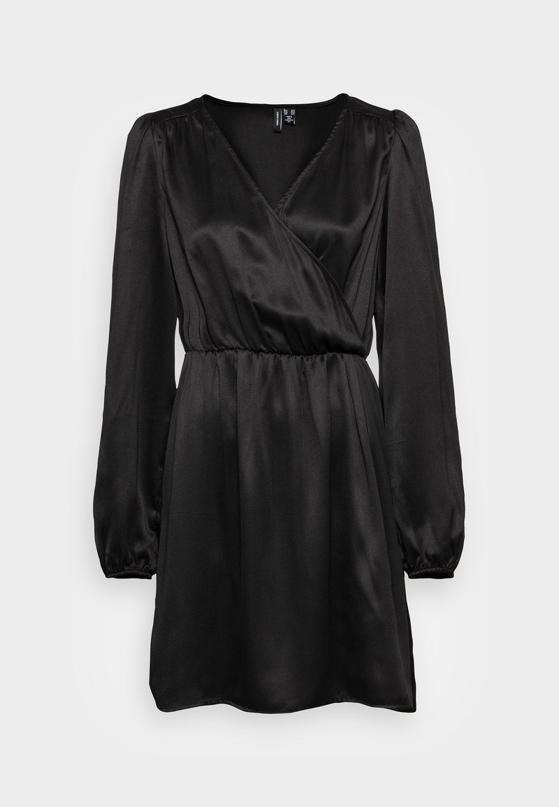 Black long-sleeve satin dress with V-neck wrap front, gathered waist, and slightly puffed shoulders.