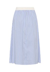 Šviesiai mėlynas sijonas su vertikaliomis baltomis ir rudomis juostelėmis. Elastinė liemens juosta, laisvas dizainas, ilgio iki kelių, lygios audinio tekstūros.