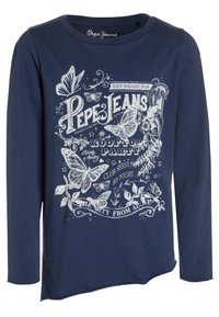 Náměsíčně modré tričko s dlouhým ruk ávem vyrobené z bavlny, s bílým grafickým designem obsahujícím motýly a nápis, kulatý výstřih, rozparky po stranách.