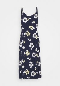 Blumen-Maxi-Kleid in Marineblau mit weißen und gelben Blumen. Hat dünne Träger und eine taillierte Passform, gefertigt aus weichem Stoff mit glatter Textur.