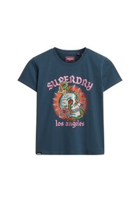 Diepblauwe katoenen T-shirt met korte mouwen, voorzien van een kleurrijke schedelafbeelding en bloemaccenten, en de tekst "Superdry Los Angeles."