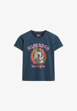 T-shirt in cotone blu scuro a maniche corte, con una grafica colorata di teschio e accenti floreali, e testo "Superdry Los Angeles".