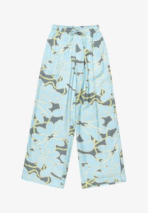 Ljusblå byxor med vida ben och ett blommönster i vitt och grått, med resårmidja och dragsko för justerbar passform.