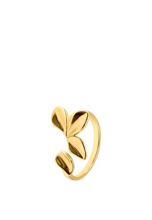 Gold open ring with a design of three smooth, petal-shaped elements on one end and one on the other end.