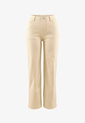 Beige højtaljede jeans med lige ben, foran med knap, lynlås og lommer, vist mod en hvid baggrund.