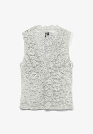 Top sin mangas de encaje gris con un patrón floral, diseño sin mangas y escote en forma de pico. La tela es texturizada y semitranslúcida.
