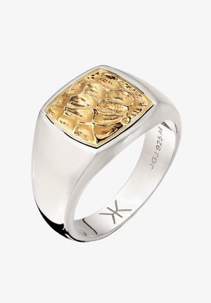 Silberner Siegelring mit erhabenem, strukturiertem goldenen quadratischen Muster oben und eingravierten Markierungen innen im Ring.