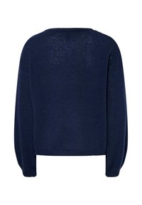 Suéter de malha azul marinho com um corte descontraído, mangas largas e decote redondo. O tecido apresenta uma aparência suave e texturizada.