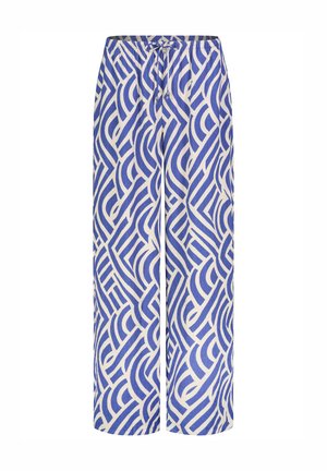 Wide-leg pants with blue and white geometric wave pattern and elastic waistband with front drawstring.