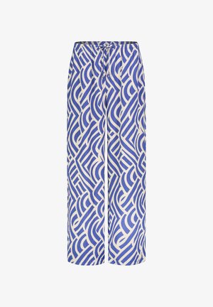 Wide-leg pants with blue and white geometric wave pattern and elastic waistband with front drawstring.