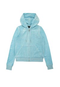 Felpa con cappuccio azzurro chiaro con cerniera, realizzata in tessuto morbido, dotata di cappuccio, tasche anteriori e polsini e orlo a costine. Texture sottile su tutta la superficie.