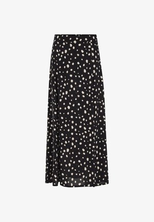 Fekete, folyó vonalú szoknya, fehér pöttyös mintával és sima textúrával. Középmagasságú, finom derékpánttal.