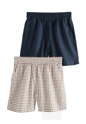 Zwei Paare Shorts mit elastischem Bund, eines einfarbig in Marineblau und eines braun-weiß kariert, beide mit Seitentaschen.