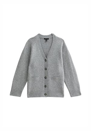 Grijze wollen cardigan met een v-hals, lange mouwen, knoopsluiting en twee voorzakken met geribbelde manchetten en onderrand.