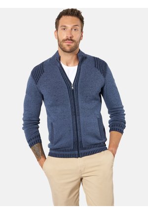 Mann mit Bart, trägt einen blauen Strickpullover mit Reißverschluss und beige Hose, steht mit den Händen in den Taschen vor einem einfarbigen Hintergrund.