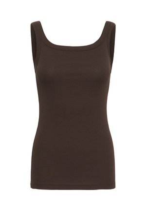 Mouwloos donkerbruin geribd tanktop met een vierkante halslijn en een aansluitende pasvorm.