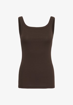 Mouwloos donkerbruin geribd tanktop met een vierkante halslijn en een aansluitende pasvorm.
