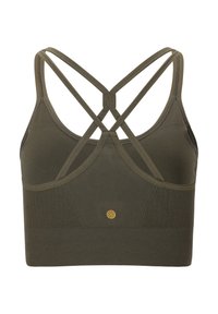 Olivgrüner Sport-BH mit gerippter Textur und gekreuztem Riemendesign auf der Rückseite; enthält ein kleines goldfarbenes Logo-Detail.