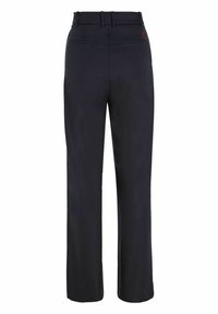 Pantalon droit bleu marine foncé avec passants de ceinture et deux poches passepoilées à l'arrière, vu de l'arrière.