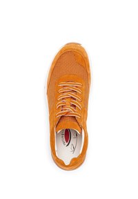 Pomarańczowe zamszowe i siateczkowe sneakersy z okrągłym noskiem, białymi sznurowadłami i wyściełaną wkładką. Charakteryzują się teksturowaną cholewką i białą podeszwą.