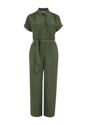 Salopetă verde măslinie cu mâneci scurte, fronițe cu nasturi, talie cu curea și pantaloni lărgi dintr-un material moale, texturat.