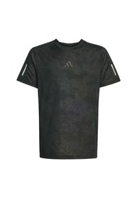 Black short-sleeve t-shirt with a subtle camouflage pattern, made of breathable material. Features adidas logo and reflective accents on sleeves.
