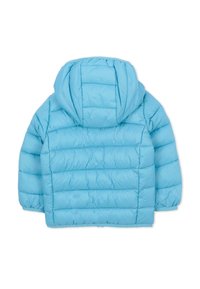 Jasnoniebieska kurtka puchowa z kapturem, z pikowanym przeszyciem, elastycznymi mankietami i gładką, błyszczącą powierzchnią. Widok z tyłu.