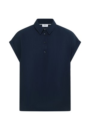 Blouse bleu marine à manches courtes avec un col pointu et quatre boutons noirs sur la patte de boutonnage devant.