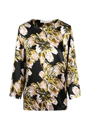 Floral blouse in black, featuring large pink and yellow flowers. Made of lightweight, smooth fabric with a round neckline and three-quarter sleeves.