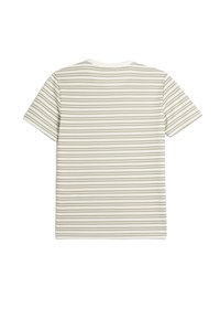 Baumwoll-T-Shirt, Rückansicht, mit horizontalen Streifen in Creme und Olivgrün. Kurze Ärmel, Rundhalsausschnitt, glatte Textur, keine Verzierungen.