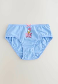 Jasnoniebieskie bawełniane majtki z różową kokardką i nadrukiem kreskówkowej kaczki z napisem "DAISY DUCK" poniżej.