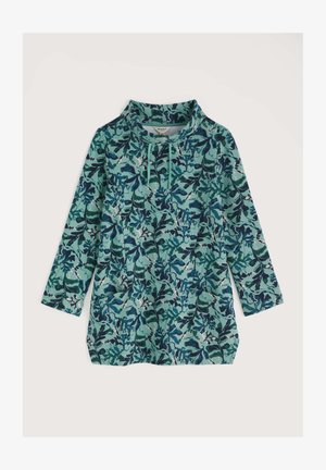 Tuniková halenka s dlouhým rukávem v tónech petrolejové barvy se květinovým potiskem. Má vysoký límec, stahovací šňůrku a postranní kapsy. Měkká, texturovaná tkanina.