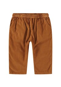 Pantaloni corti in corda marrone con vita elastica, due tasche laterali e taglio dritto. Texture liscia con righe sottili.